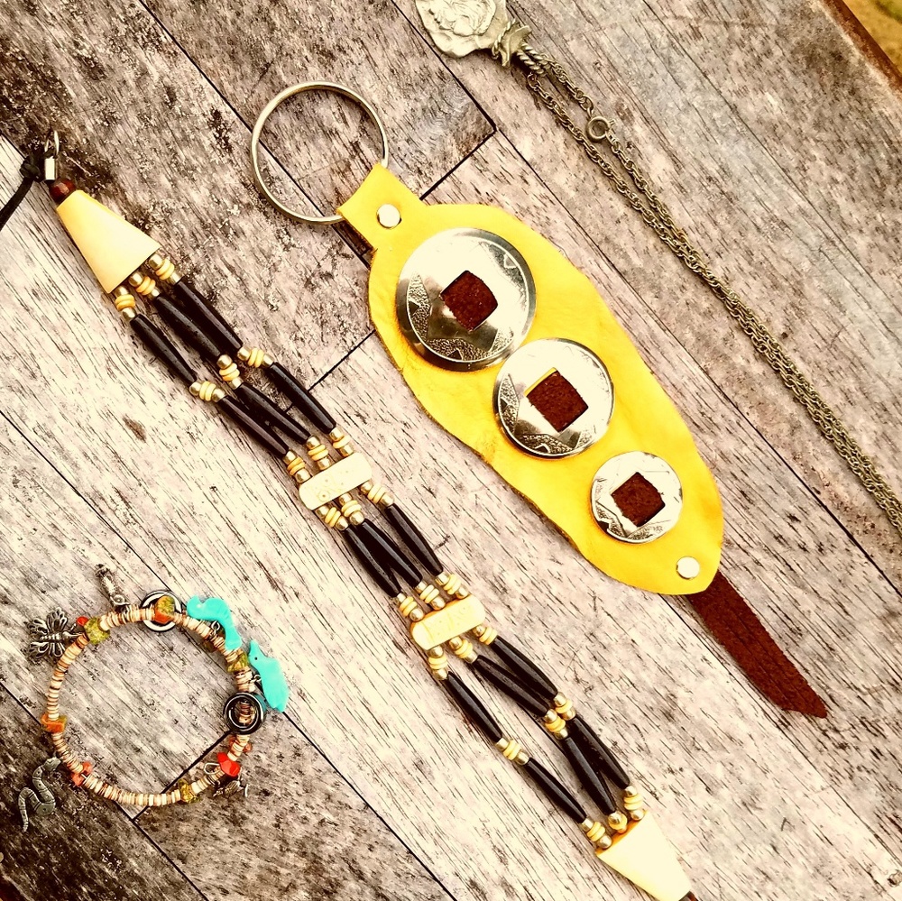 Native American choker, leather keychain, bracelet